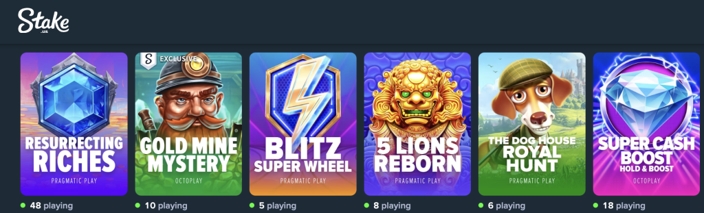 Stake.us online casino slots selection featuring Resurrecting Riches, Gold Mine Mystery, Blitz Super Wheel, 5 Lions Reborn, The Dog House Royal Hunt, and Super Cash Boost.