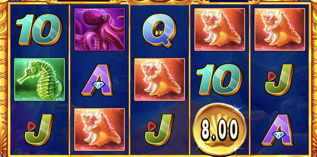 Stampede Rush Trident slot game featuring ocean-themed symbols like seahorses, conch shells, octopus, and a golden coin displaying an $8.00 prize on a deep sea reel background