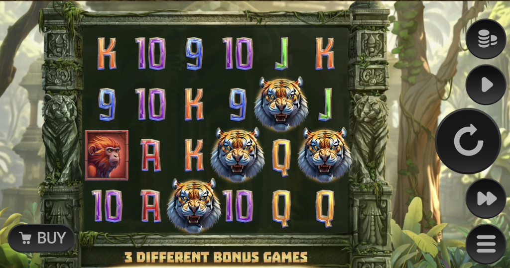 Tiger Shrine slot game interface featuring roaring tiger symbols, colorful playing card icons, and jungle-themed stone columns with a '3 Different Bonus Games' feature