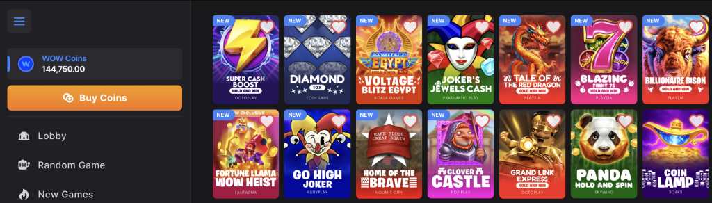 WOW Vegas online slots selection featuring Super Cash Boost, Diamond 10X, Voltage Blitz Egypt, Joker's Jewels Cash, Tale of the Red Dragon, Blazing Fruit 7s, Billionaire Bison, Fortune Llama WOW Heist, Go High Joker, Home of the Brave, Clover Castle, Grand Link Press, Panda Hold and Spin, and Coin Lamp.