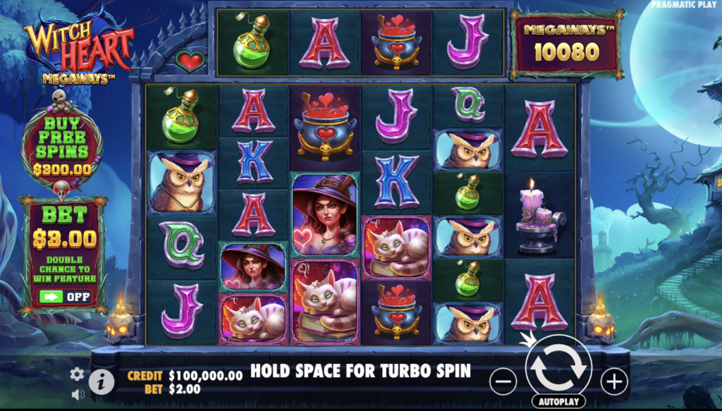 Witch Heart Megaways slot game by Pragmatic Play featuring spellbook symbols, free spins buy option, and 10,080 Megaways on a spooky night backdrop