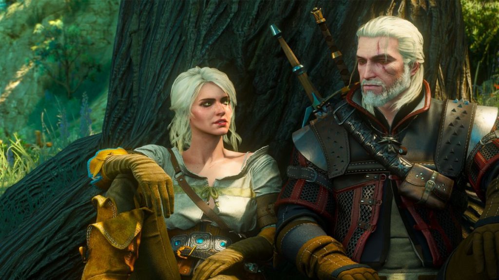 Ciri and Geralt sat beneath a tree in The Witcher 3.