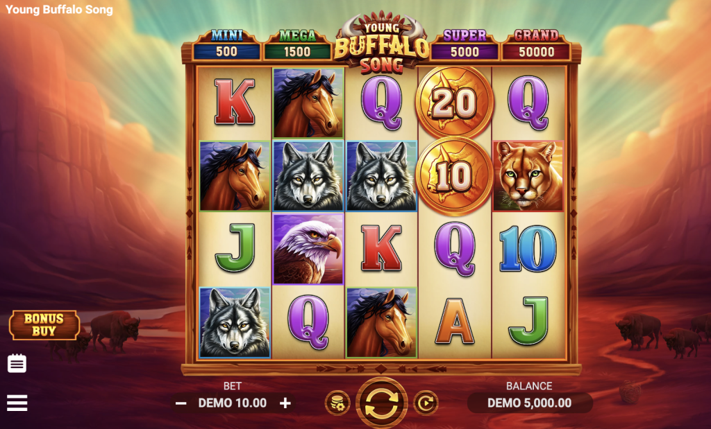 Young Buffalo Song slot game with animal-themed symbols including wolves, eagles, horses, and cougars, featuring jackpot tiers—Mini, Mega, Super, and Grand—with a wild western backdrop