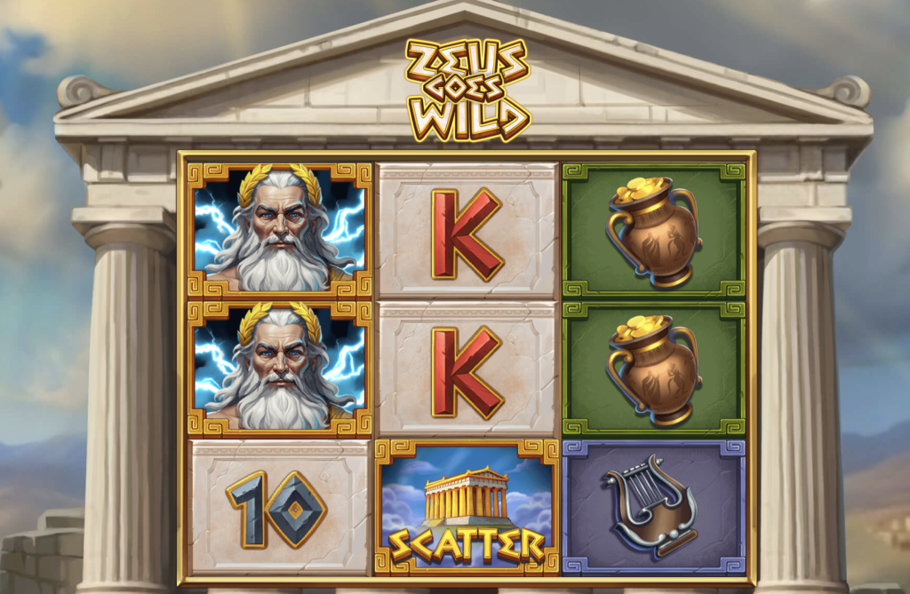 Zeus Goes Wild slot game with Greek mythology theme featuring Zeus symbols, ancient urns, scatter icons, and lightning effects on stone reels
