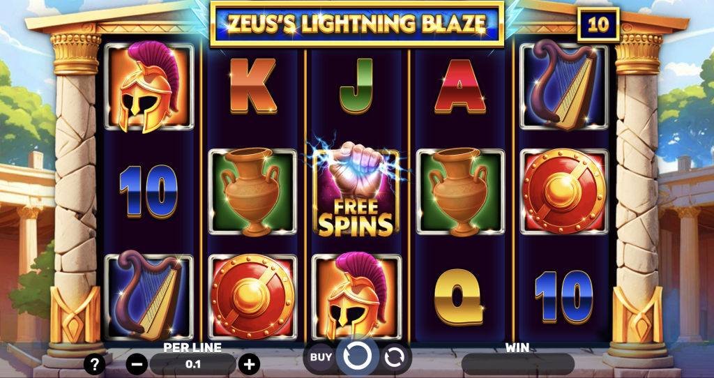 Zeus’s Lightning Blaze slot game featuring Greek mythology symbols, free spins feature, and electrifying visuals set in an ancient temple backdrop