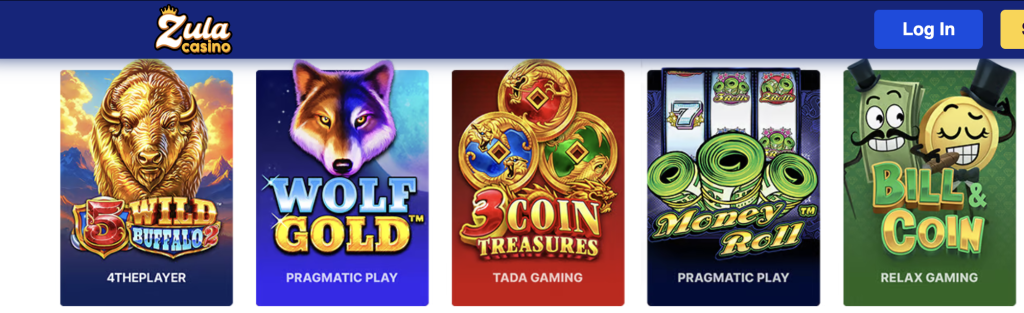 Zula Casino online slot selection including 5 Wild Buffalo 2 by 4ThePlayer, Wolf Gold and Money Roll by Pragmatic Play, 3 Coin Treasures by TADA Gaming, and Bill & Coin by Relax Gaming.