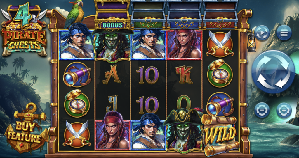 4 Pirate Chests online slot game featuring high seas adventure theme, pirate characters, bonus treasure chests, wild symbols, and a tropical island backdrop with vibrant visuals and 'Buy Feature' option