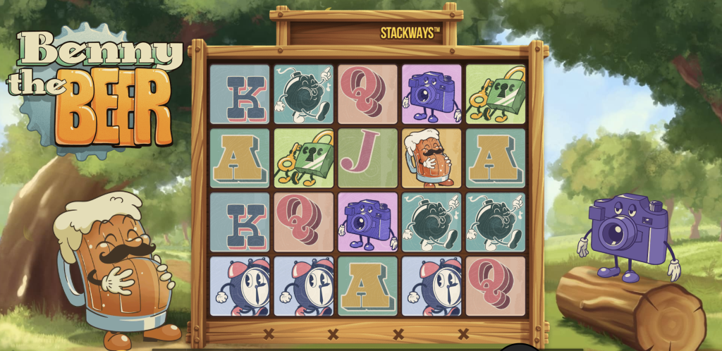 Benny the Beer online slot game featuring a cheerful cartoon beer mug character, playful symbols like cameras, alarm clocks, and letter tiles on a StackWays grid, set in a vibrant forest background