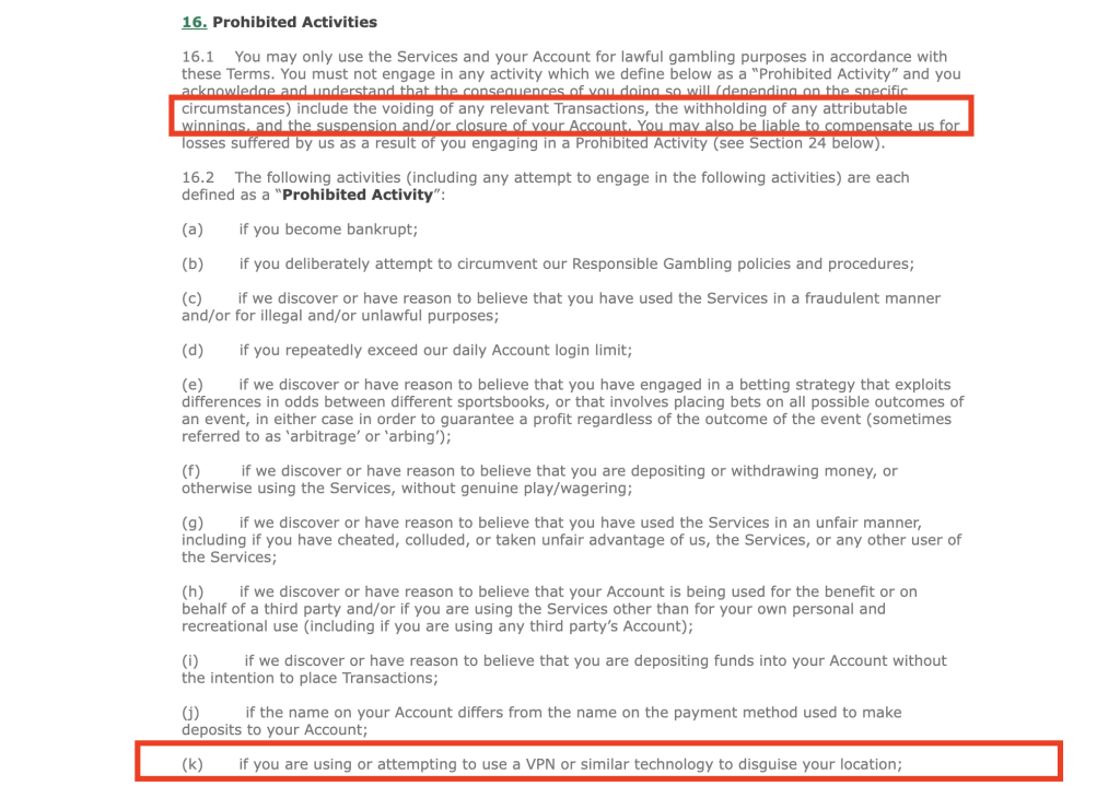 Bet365 terms and conditions highlighting prohibited activities including fraud, arbitrage betting, multiple account use, VPN usage to disguise location, and potential account suspension or voided winnings