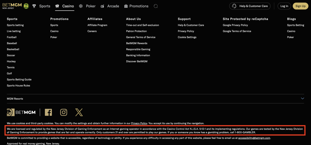 etMGM Casino footer displaying licensing, responsible gaming information, terms of service, privacy policy, support, and regulatory compliance details for New Jersey online gaming