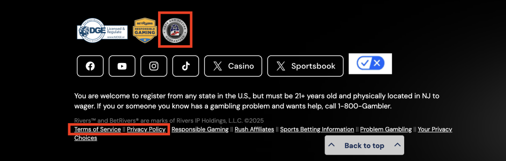 BetRivers Casino responsible gaming, licensing, and legal policies section showing NJDGE license, responsible gaming certifications, social media icons, and gambling disclaimer