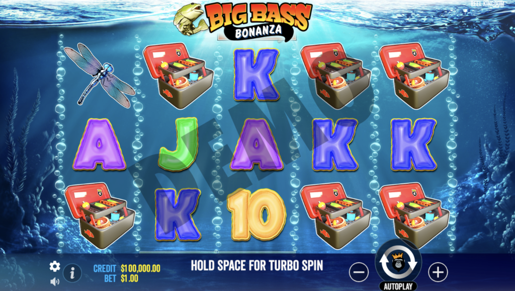 Big Bass Bonanza online slot game featuring underwater fishing theme with colorful symbols like fishing gear, dragonflies, and playing card icons