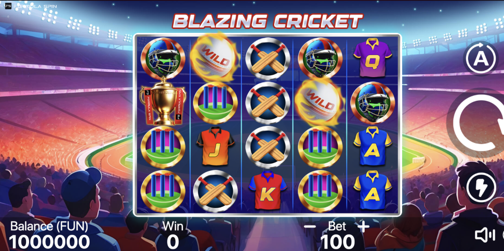 Blazing Cricket slot game interface by Formula Spin, featuring cricket-themed symbols like helmets, wickets, bats, jerseys, and wild balls set in a vibrant stadium backdrop with animated crowd and bright floodlights