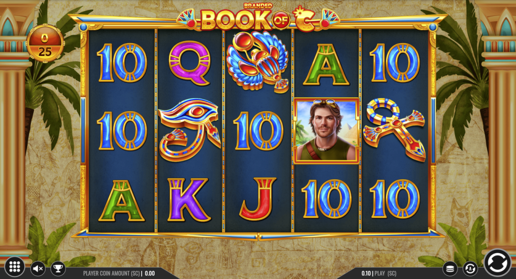 Book of Chumba slot game featuring Egyptian-themed reels with symbols like scarabs, ankhs, pyramids, and explorer characters, set against ancient temple pillars and palm trees