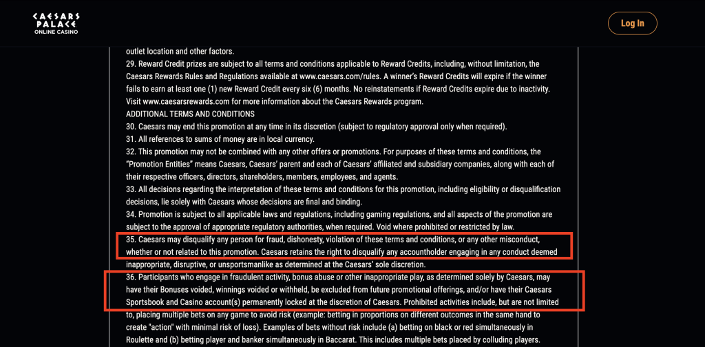Caesars Palace Online Casino terms and conditions outlining bonus abuse, fraud, multiple bet restrictions, and rules on disqualification for promotional offers