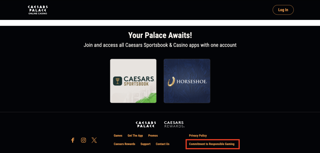 Caesars Palace Online Casino login page offering unified account access for Caesars Sportsbook and Horseshoe Casino apps with Caesars Rewards, privacy policy, and responsible gaming links.