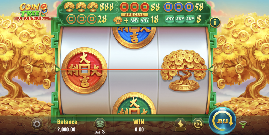 Coin Tree online slot game by JILI featuring golden money trees, traditional Chinese coin symbols, and a vibrant red and green theme, showcasing a spinning reel with a $2,000 balance and immersive fortune-themed graphics