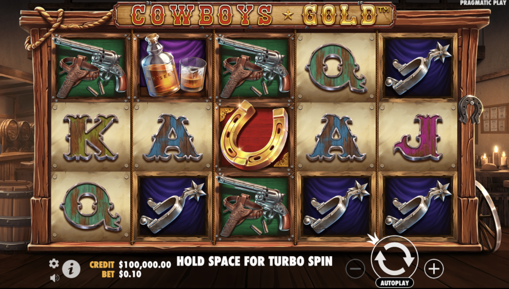 Cowboys Gold online slot game interface by Pragmatic Play featuring Wild West-themed symbols like revolvers, whiskey, spurs, and golden horseshoes
