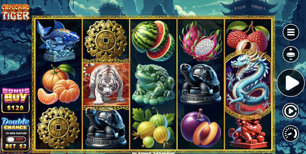 Crouching Tiger slot machine featuring Asian-themed symbols like koi fish, white tiger, dragon, and exotic fruits with bonus buy and double chance options