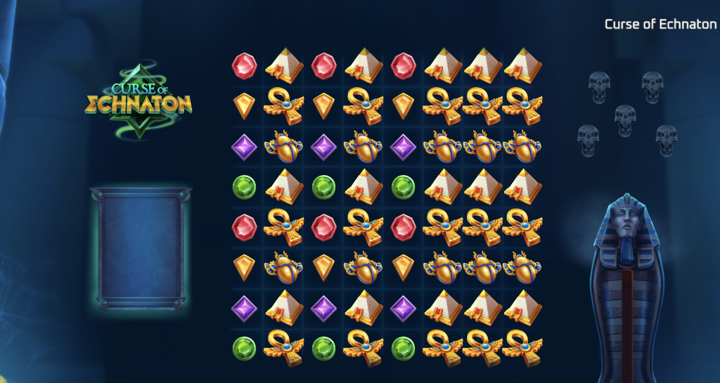 Curse of Echnaton online slot game featuring ancient Egyptian symbols like pyramids, scarabs, ankhs, and gemstones on a dark mystical grid with a sarcophagus and skull meter