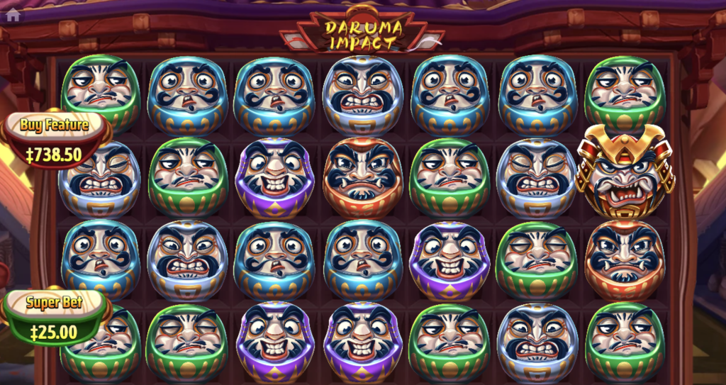 Daruma Impact slot game with colorful Daruma doll symbols, Japanese-themed graphics, and high-stakes feature buy options displayed on a 5x5 reel grid