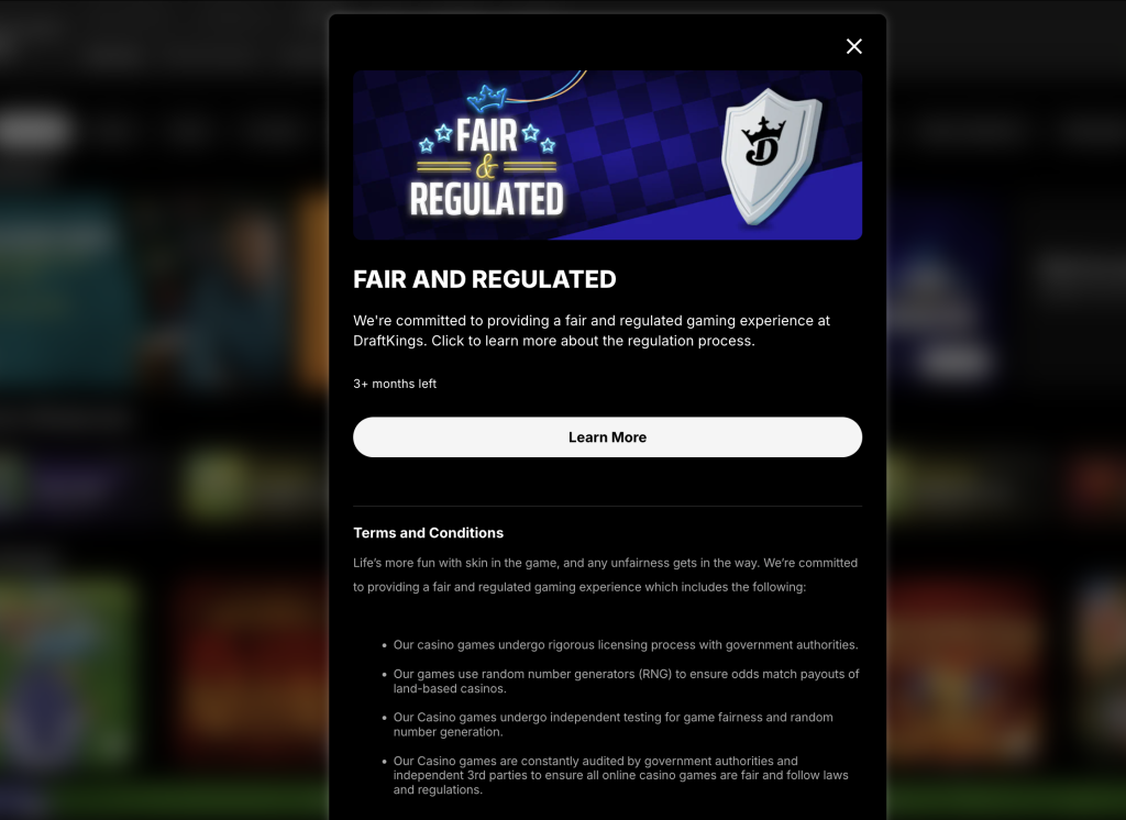 DraftKings Casino fair and regulated gaming policy outlining licensing, RNG use, independent game fairness testing, and compliance with government regulations