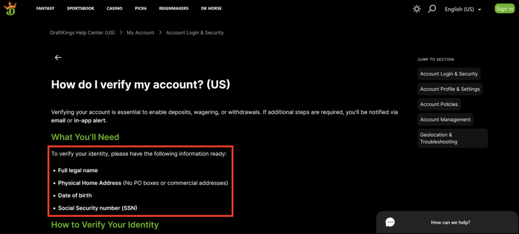 DraftKings account verification guide showing required identity documents including full legal name, physical home address, date of birth, and Social Security number for US players