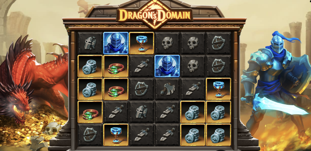 Dragon's Domain slot game featuring a fantasy-themed reel with knights, dragons, swords, shields, rings, and treasure, set in a medieval arena with blazing warriors and a red dragon guarding gold