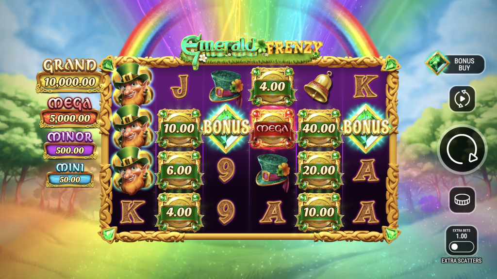 Emerald Frenzy online slot game featuring leprechaun symbols, pots of gold, bonus diamonds, jackpot tiers (Grand, Mega, Minor, Mini), and a vibrant rainbow backdrop for real money or free spins play