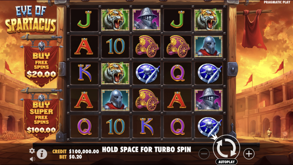 Eye of Spartacus slot game by Pragmatic Play featuring gladiator and tiger symbols with buy free spins bonus options
