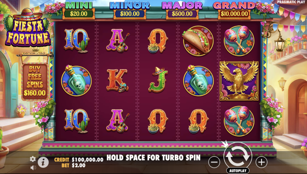 Fiesta Fortune slot machine gameplay with colorful Mexican-themed symbols and jackpot prizes by Pragmatic Play