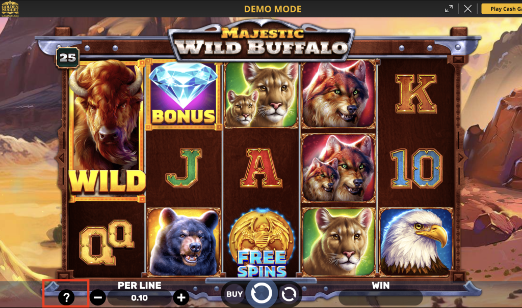 Golden Nugget Casino Majestic Wild Buffalo slot game featuring wild symbols, bonus diamonds, free spins, and high-paying animal icons on 25 paylines