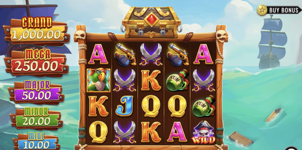 Grand Ahoy online slot game featuring vibrant pirate-themed symbols like parrots, pistols, rum bottles, and treasure chests, with jackpot tiers including Grand, Mega, Major, Minor, and Mini prizes set against a high-seas adventure backdrop