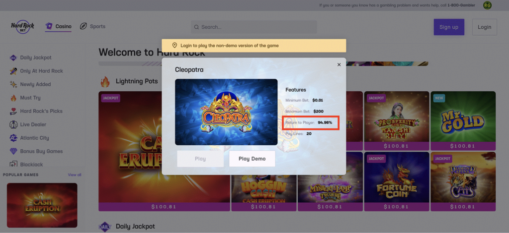 Hard Rock Bet Casino Cleopatra slot game information showing RTP of 94.96%, bet range from $0.01 to $200, and 20 paylines