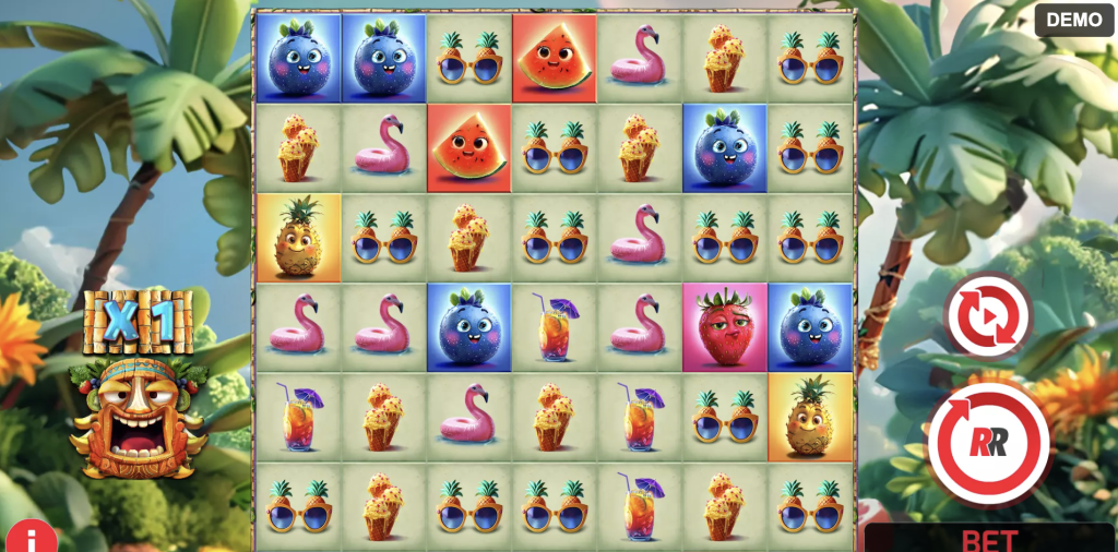 Hawaiitopia online slot game with tropical theme, featuring vibrant fruit symbols, beach elements like flamingo floats and cocktails, lush palm background, and animated tiki multiplier in demo mode
