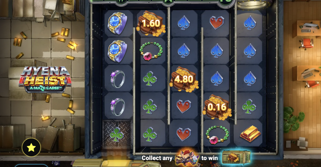 Hyena Heist online slot game featuring a bank vault-themed reel set, luxury symbols like rings and gold bars, animated loot icons, and free spins tracker—part of the A-Maze-Cades™ series with immersive crime-heist visual