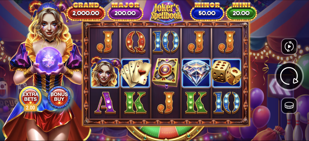 Joker’s Spellbook online slot game featuring a colorful carnival theme with a female jester holding a crystal ball, bonus buy options, high-paying symbols like diamonds, dice, magic books, and playing cards, plus jackpots including Grand, Major, Minor, and Mini