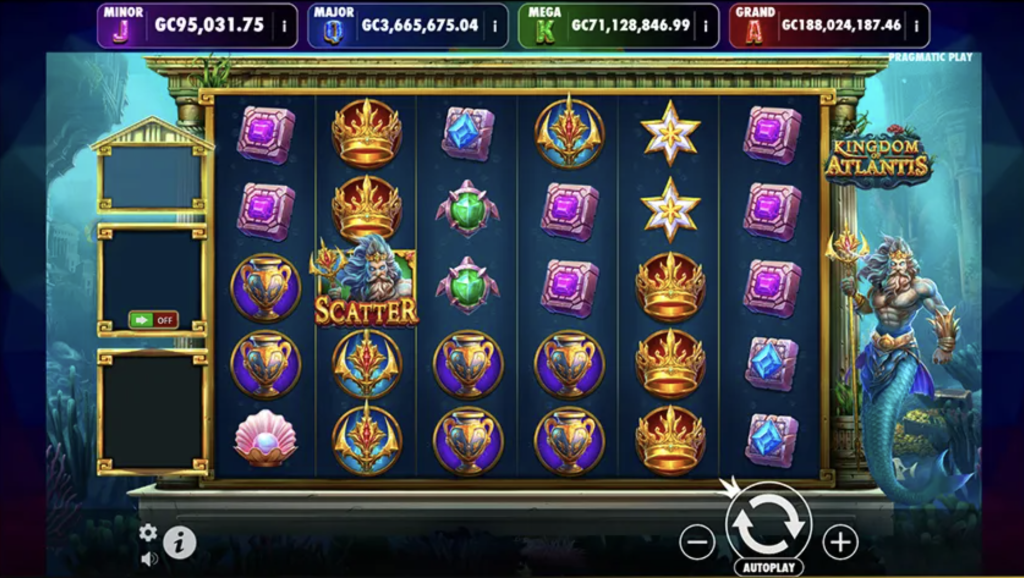 Kingdom of Atlantis slot game by Pragmatic Play showcasing underwater-themed symbols like Poseidon, crowns, jewels, and treasure with progressive jackpot values