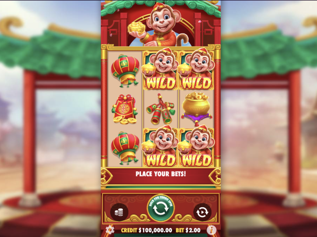 Lucky Monkey slot machine with golden monkey wild symbols and Chinese-themed graphics on a colorful background