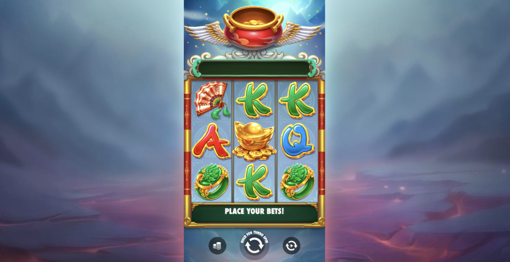 Lucky Phoenix online slot game interface with oriental symbols including gold ingots, dragons, fans, and playing card letters, set against a mystical mountain backdrop.