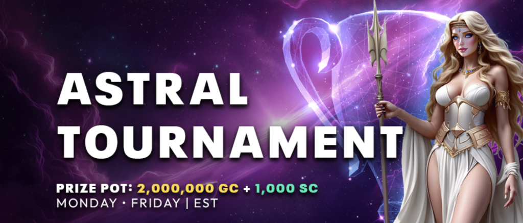Astral Tournament promotion at Moonspin Casino featuring a celestial warrior goddess and a prize pool of 2,000,000 Gold Coins and 1,000 Sweeps Coins, running Monday to Friday in EST timezone