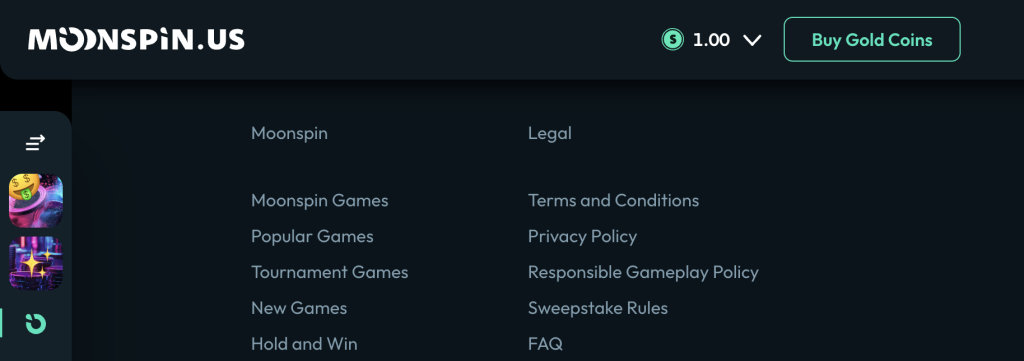 Moonspin Casino website footer displaying navigation links to Moonspin Games, Tournament Games, Terms and Conditions, Privacy Policy, Sweepstakes Rules, and Responsible Gameplay Policy