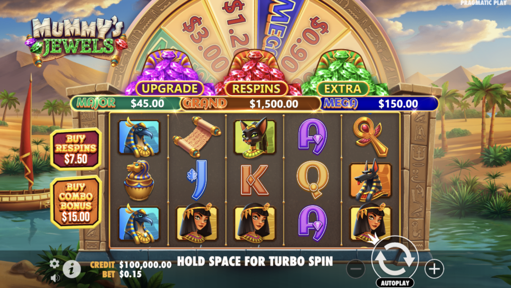 Mummy’s Jewels slot game by Pragmatic Play featuring ancient Egyptian symbols, vibrant gemstone jackpots, bonus respins, and a desert oasis background with payout tiers for Grand, Mega, Major, and Extra rewards
