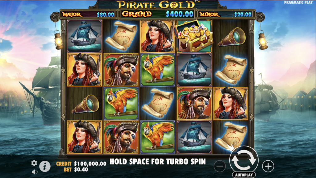 Pirate Gold online slot game by Pragmatic Play featuring pirate-themed symbols like treasure maps, pirate ships, parrots, and telescopes with jackpot prizes