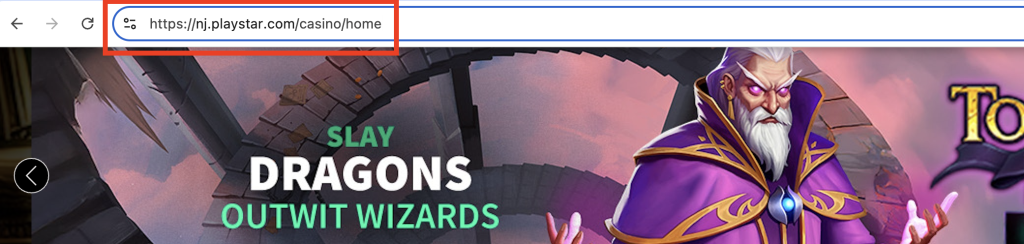 PlayStar Casino homepage URL displayed in web browser address bar with fantasy-themed game banner.