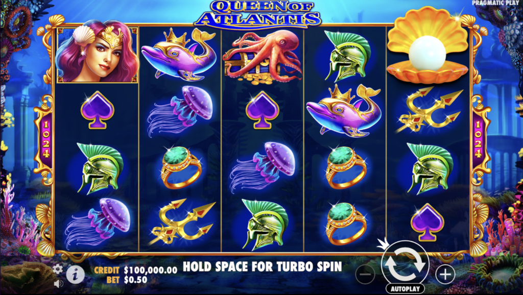 Queen of Atlantis slot game by Pragmatic Play featuring underwater-themed symbols like mermaids, dolphins, octopuses, and tridents with 1,024 ways to win