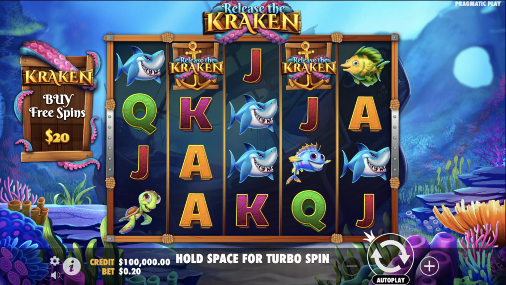 Release the Kraken slot game by Pragmatic Play featuring ocean-themed symbols like sharks, fish, turtles, and treasure chests with a bonus buy option