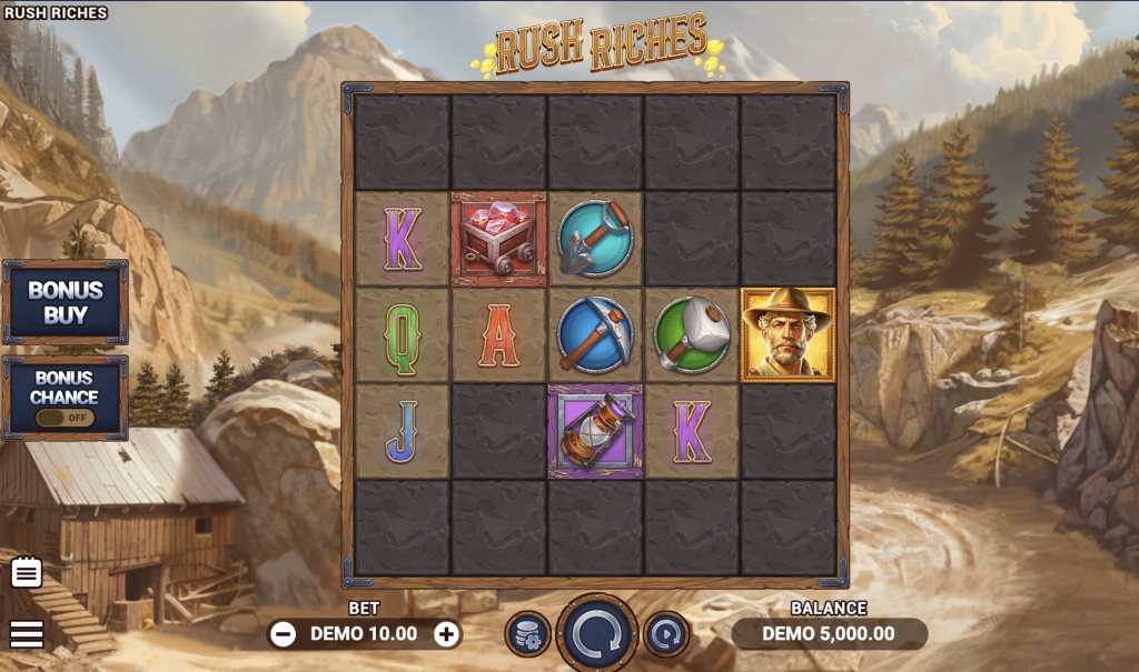 Rush Riches slot game with mining-themed symbols including pickaxes, gems, and a prospector character, set against a rugged mountain backdrop with gameplay grid and demo balance of $5,000 displayed