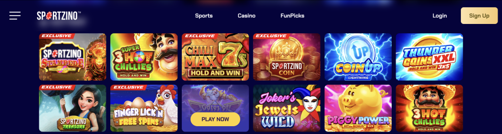 Spree Casino slot lobby showcasing exclusive games like Spree Stampede, Spree Gold, Backyard Grill, Freedom Eagle Mega X, Free Play Battle, 4 Horsemen III, and One Mad Hatter, with sign up and log in options