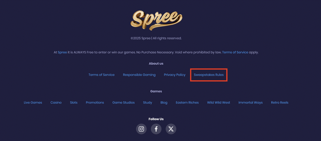 Spree Casino footer showing responsible gaming policies, terms of service, privacy policy, sweepstakes rules, game categories, and social media links for a free-to-play online casino platform